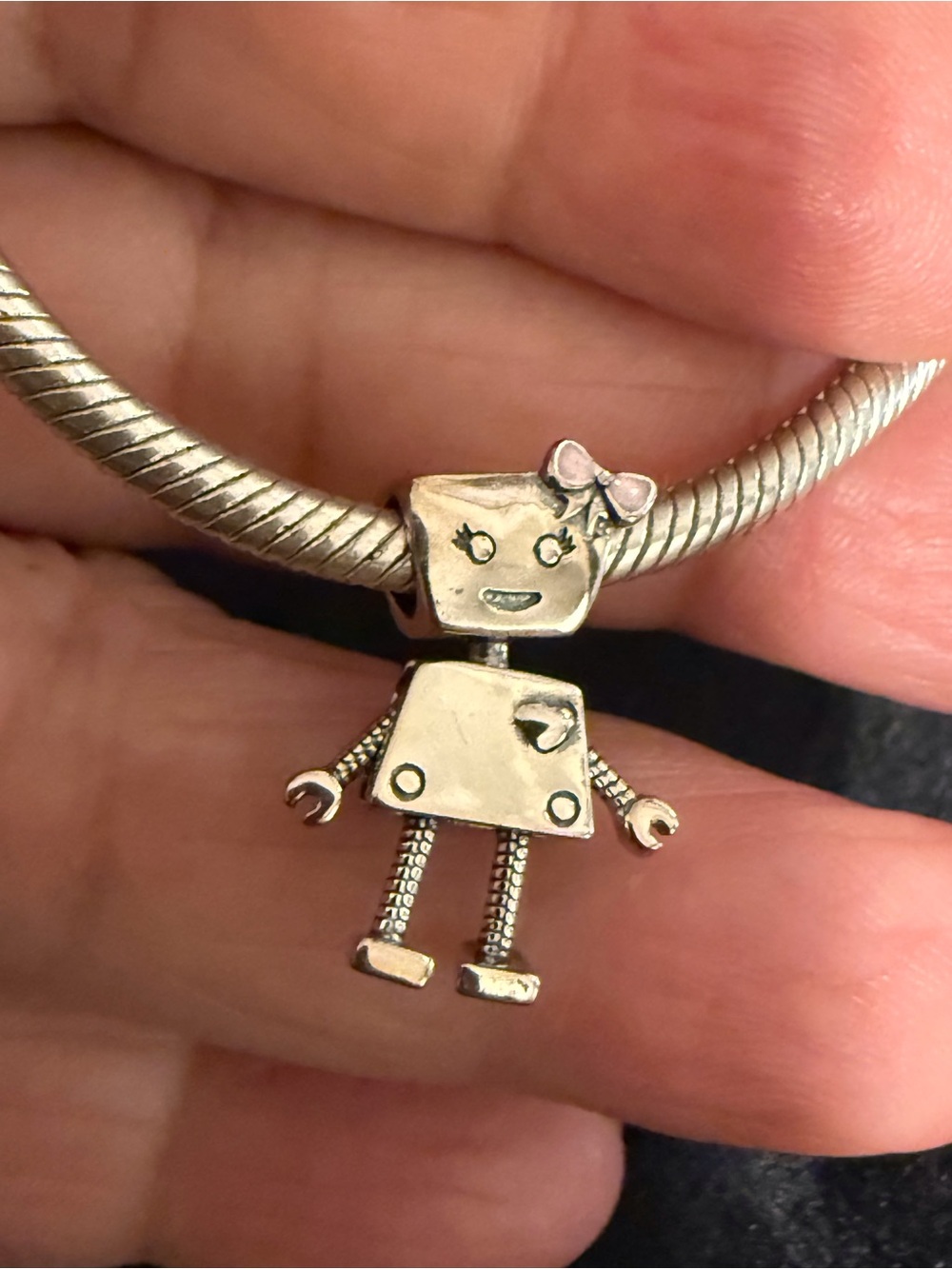 Silver Robot Girl Charm Bracelet Pendant - Pink Bow